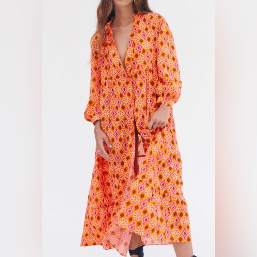 NWT Zara Selma Boho Tiered Maxi Dress Orange & Pink Ikat Print Size S